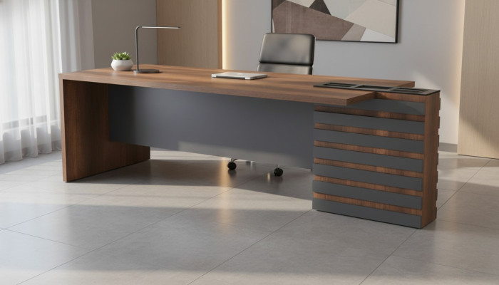Bureau marron gris bicolore design moderne salle de travail rectangulaire.