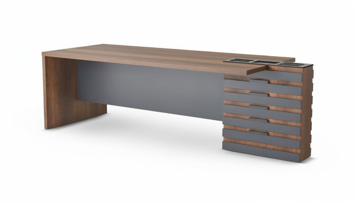 Bureau marron gris bicolore design moderne salle de travail rectangulaire.