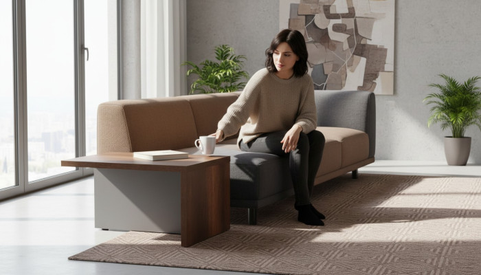 Table basse marron grise bicolore rectangulaire forme bureau moderne