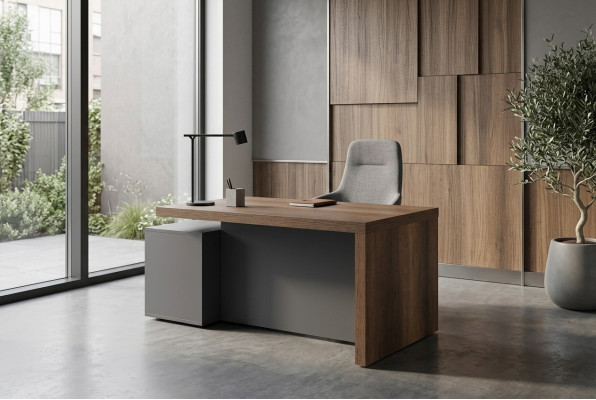 Table basse marron grise bicolore rectangulaire forme bureau moderne