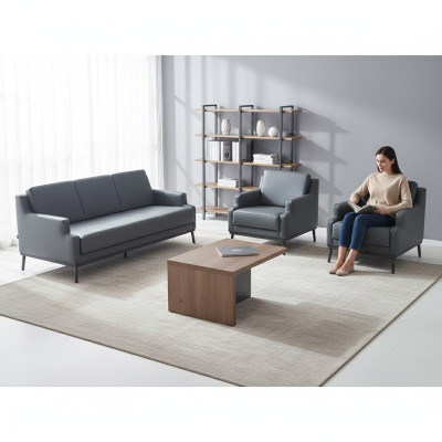Ensemble de bureau 4 pièces 3 places 2x fauteuils table basse gris foncé marron