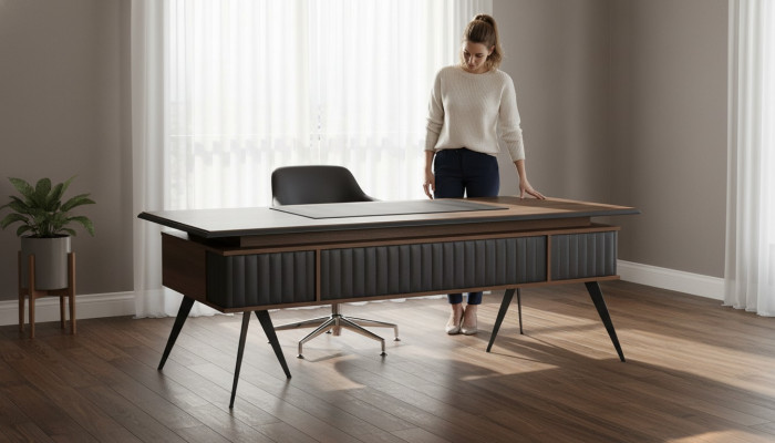Bureau rectangulaire en forme brun gris bicolore avec tiroirs moderne