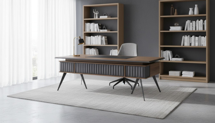 Bureau rectangulaire en forme brun gris bicolore avec tiroirs moderne
