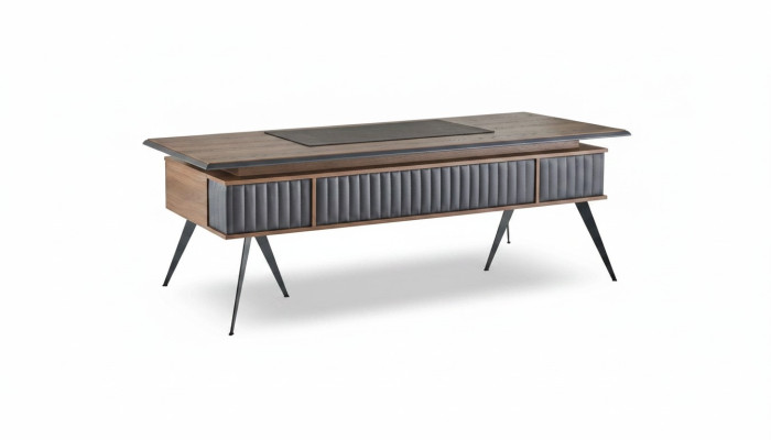 Bureau rectangulaire en forme brun gris bicolore avec tiroirs moderne