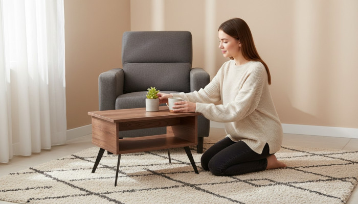 Table basse marron avec étagère forme rectangulaire style uni bureau