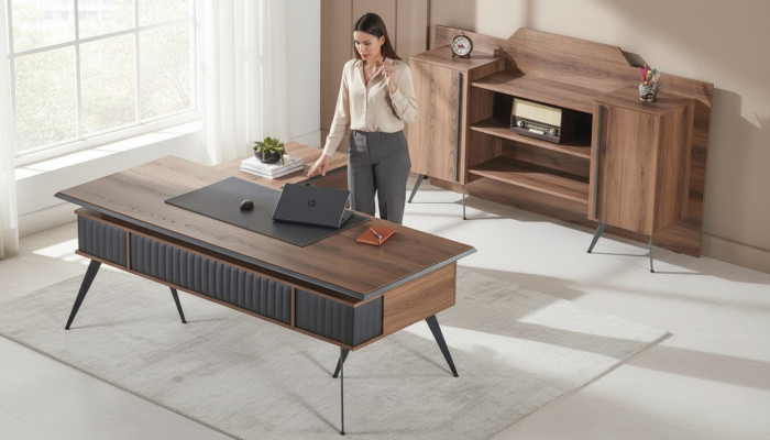Ensemble de bureau 2 pièces Table de bureau Buffet Rangement Marron Uni