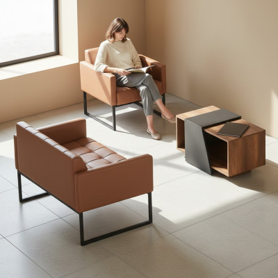 Ensemble bureau brun gris 3 pièces, canapé 2 places, fauteuil, table basse, style moderne.