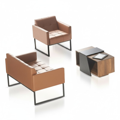 Ensemble bureau brun gris 3 pièces, canapé 2 places, fauteuil, table basse, style moderne.
