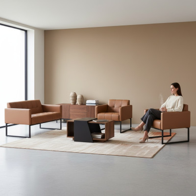 Ensemble de bureau brun 4 pièces 2 places 2x fauteuils table basse style uni