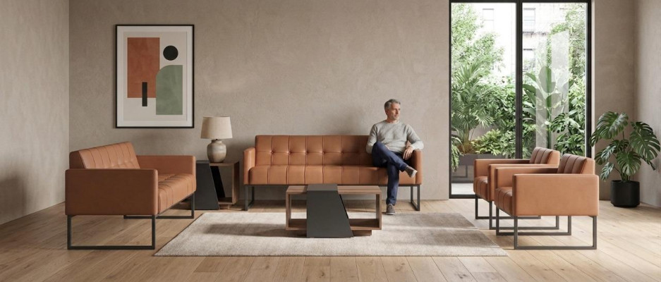 Ensemble de bureau 5 pièces: canapé 3 places, canapé 2 places, 2 fauteuils, table basse, style marron