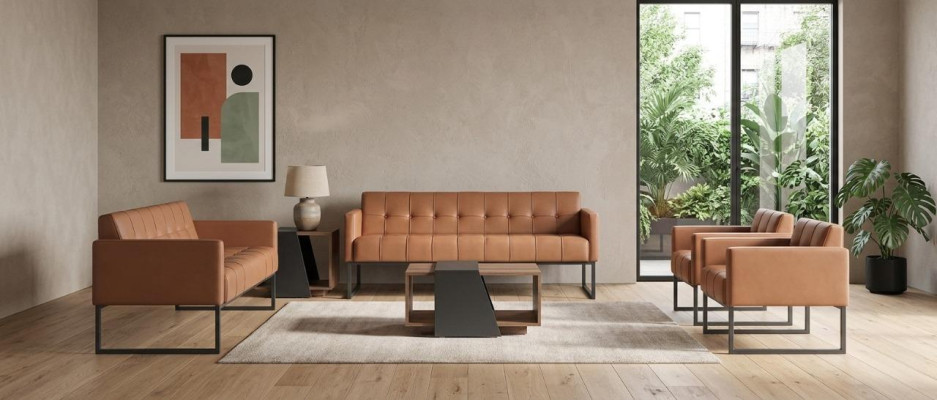 Ensemble de bureau 5 pièces: canapé 3 places, canapé 2 places, 2 fauteuils, table basse, style marron