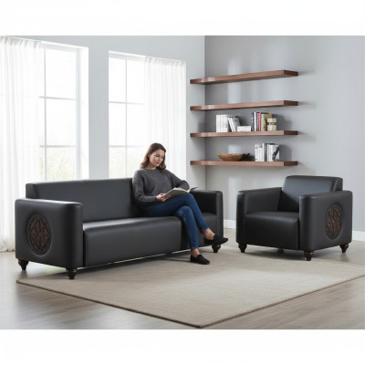 Ensemble de bureau 2 pièces, fauteuil 3 places, noir uni, design moderne