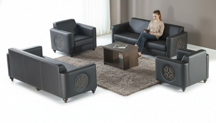 Ensemble de mobilier de bureau 4 pièces Noir Canapé 3 places 2x Fauteuil Marron Table basse Moderne