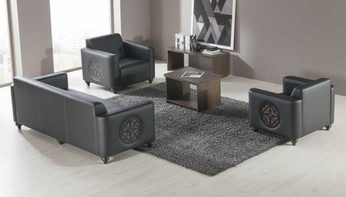 Ensemble de mobilier de bureau 4 pièces Noir Canapé 3 places 2x Fauteuil Marron Table basse Moderne
