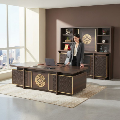 Ensemble de bureau 3 pièces: bureau, buffet, étagère marron uni