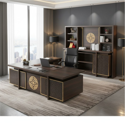 Ensemble de bureau 3 pièces: bureau, buffet, étagère marron uni