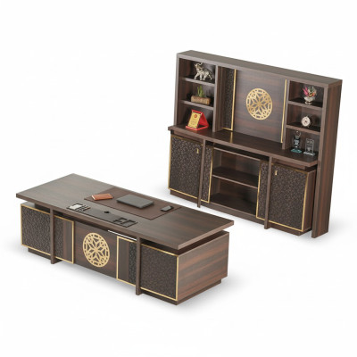Ensemble de bureau 3 pièces: bureau, buffet, étagère marron uni