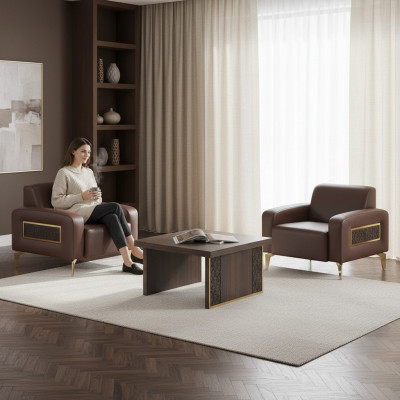Ensemble de bureau 3 pièces 2x fauteuils table basse marron uni salon