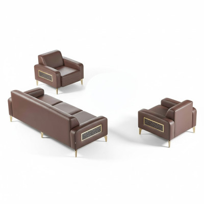 Ensemble de bureau 3 pièces, canapé 3 places avec 2 fauteuils, brun uni, salon