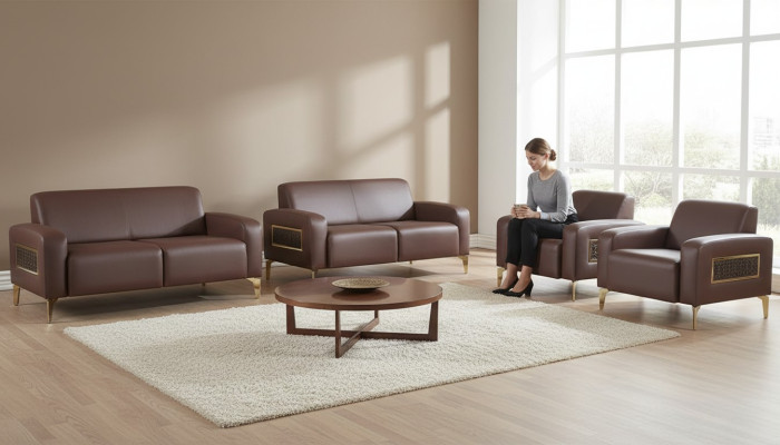 Ensemble de bureau 4 pièces 2x canapé deux places avec 2x fauteuil brun uni moderne