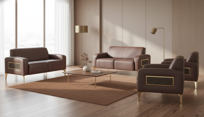 Ensemble de bureau 4 pièces 2x canapé deux places avec 2x fauteuil brun uni moderne