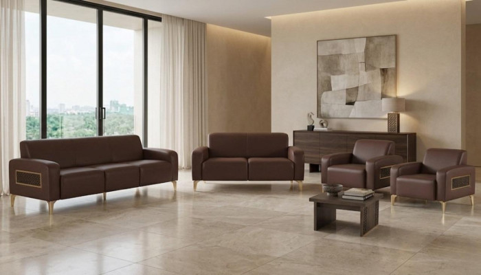 Table basse design, fauteuil, 2x canapés, meubles exclusifs de bureau marron.