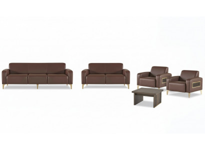 Table basse design, fauteuil, 2x canapés, meubles exclusifs de bureau marron.