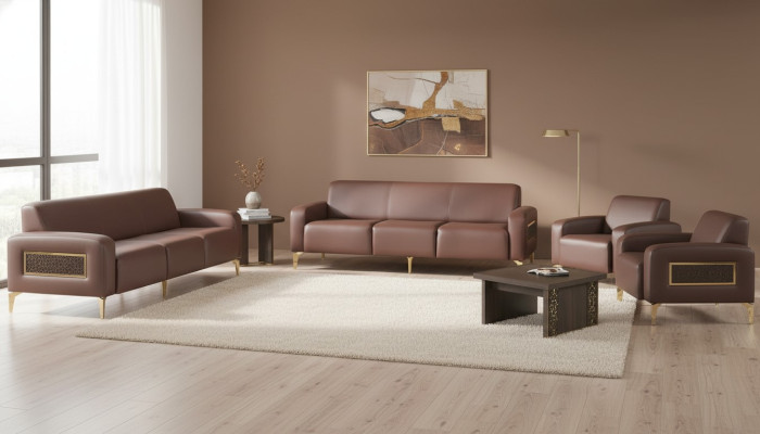 Ensemble de bureau marron en cuir : canapé trois places, 2 fauteuils inclinables, table basse.
