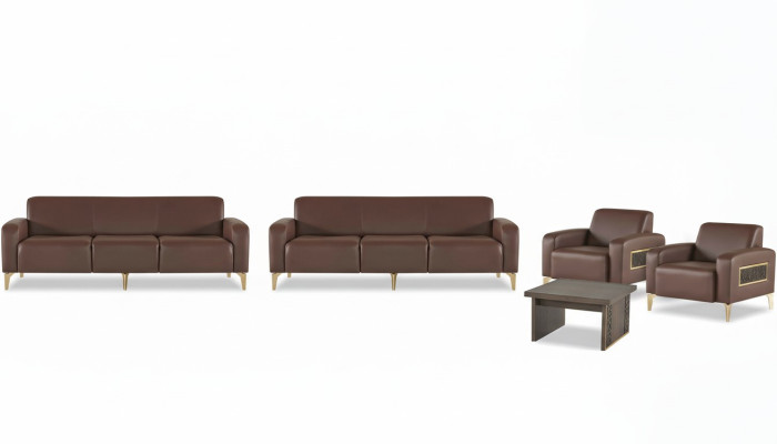 Ensemble de bureau marron en cuir : canapé trois places, 2 fauteuils inclinables, table basse.