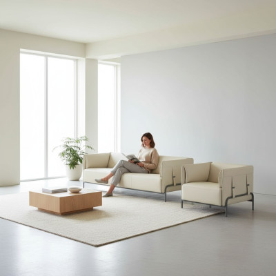 Ensemble de bureau 2 pièces, fauteuil 3 places, fauteuil beige uni, coussins, salon