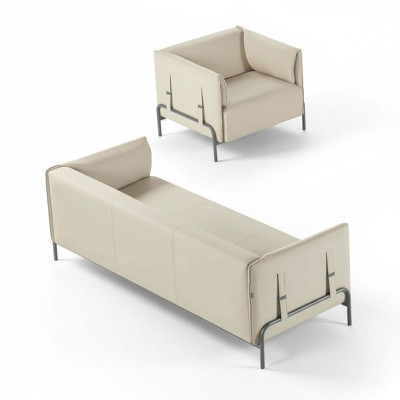 Ensemble de bureau 2 pièces, fauteuil 3 places, fauteuil beige uni, coussins, salon