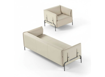 Ensemble de bureau 2 pièces, fauteuil 3 places, fauteuil beige uni, coussins, salon