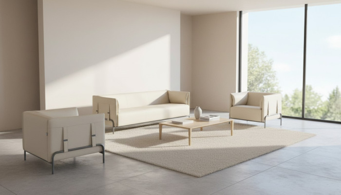 Ensemble de bureau 3 pièces beige 3 places 2x fauteuils avec coussins salon