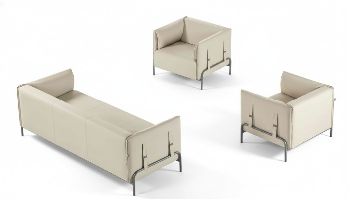 Ensemble de bureau 3 pièces beige 3 places 2x fauteuils avec coussins salon