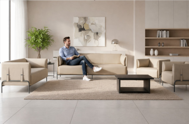 Ensemble de bureau 5 pièces beige 3 places 2 places 2x fauteuils gris table basse