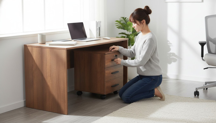 Commode de bureau marron à tiroirs, design uni moderne avec roulettes.