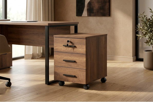 Commode de bureau marron à tiroirs, design uni moderne avec roulettes.