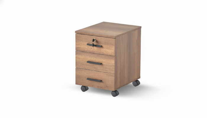 Commode de bureau marron à tiroirs, design uni moderne avec roulettes.