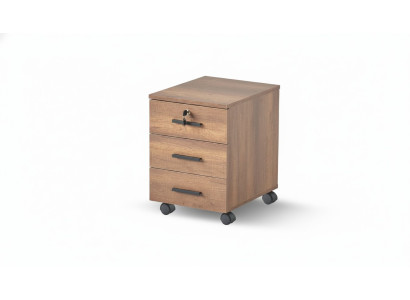 Commode de bureau marron à tiroirs, design uni moderne avec roulettes.