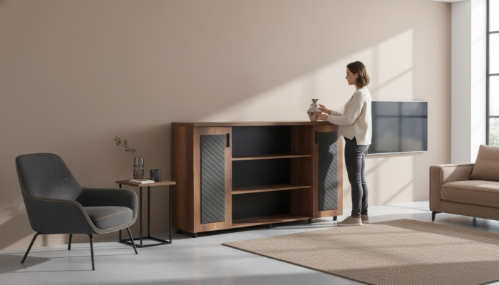 Buffet classeur brun et noir bicolore moderne pour bureau.