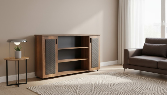 Buffet classeur brun et noir bicolore moderne pour bureau.