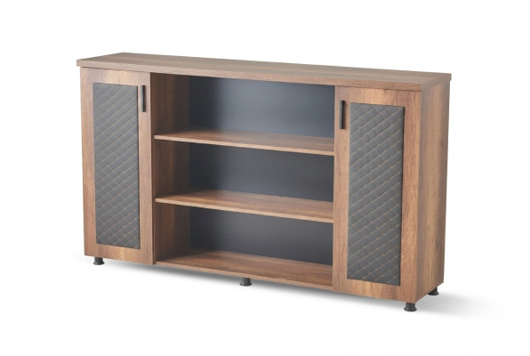Buffet classeur brun et noir bicolore moderne pour bureau.
