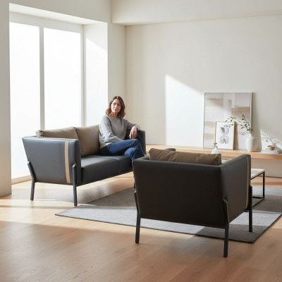 Bureau Meubles de Siège Luxueux Deux-Places en Cuir Gris Fauteuil Élegant