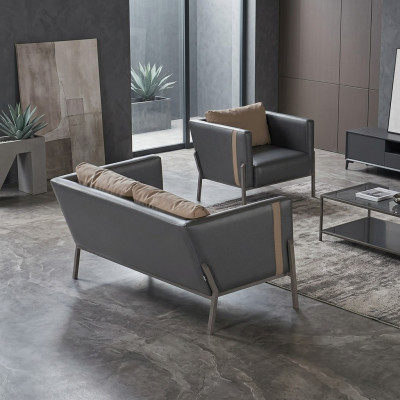 Bureau Meubles de Siège Luxueux Deux-Places en Cuir Gris Fauteuil Élegant