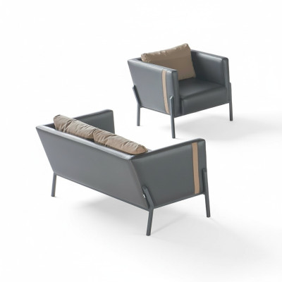 Bureau Meubles de Siège Luxueux Deux-Places en Cuir Gris Fauteuil Élegant