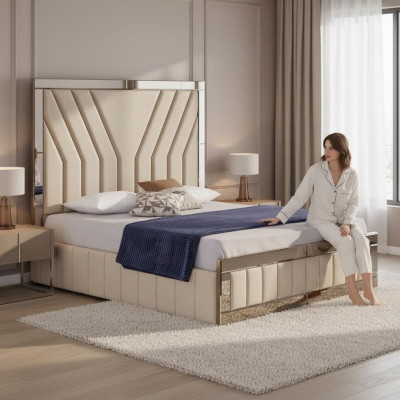 Lit de chambre beige, lit double de designer, cadre de lit luxueux, lit.
