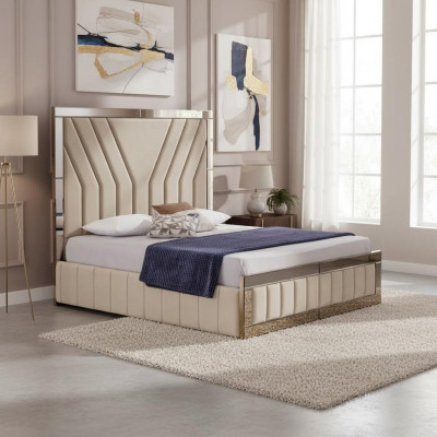 Lit de chambre beige, lit double de designer, cadre de lit luxueux, lit.