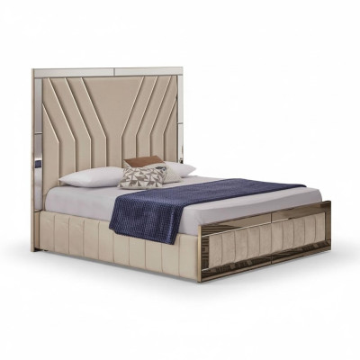 Lit de chambre beige, lit double de designer, cadre de lit luxueux, lit.