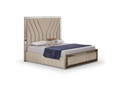 Lit de chambre beige, lit double de designer, cadre de lit luxueux, lit.