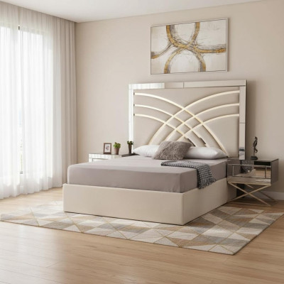 Mobilier de chambre beige Lit textile de luxe en bois 2x tables de chevet 3 pièces.